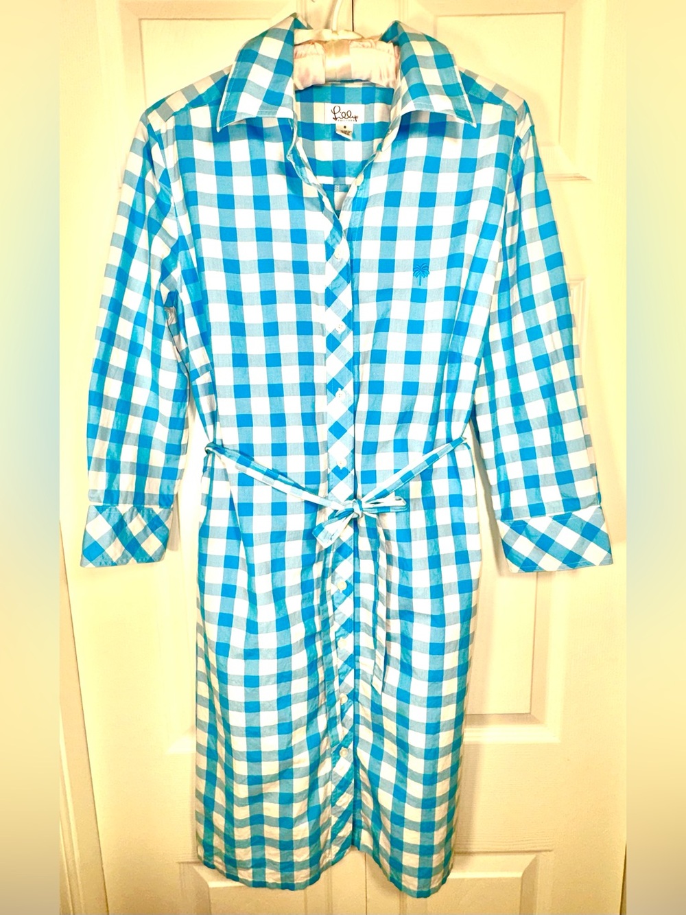 Lilly Pulitzer vintage Turquoise Blue White Gingham Belted Shirt Dress Size 8 - Picture 2 of 12